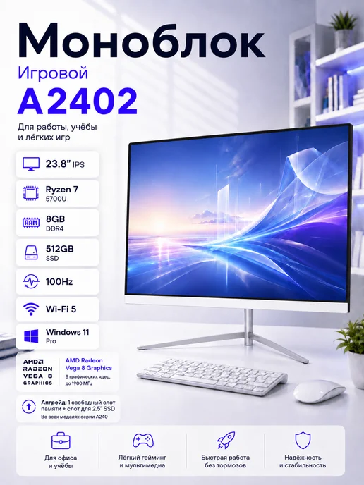 CHIGO 23.8" Моноблок A2402 (Intel Core R7-5700U, RAM 8ГБ, SSD 512 ГБ,Российская система Windows 11 Pro) (с клавиатурой, с мышкой и коврик для мыши) EU +Подарок: 0004112 Клавиатура и мышка беспроводная игровая Bosston WS500 White (Русские буквы) (White)